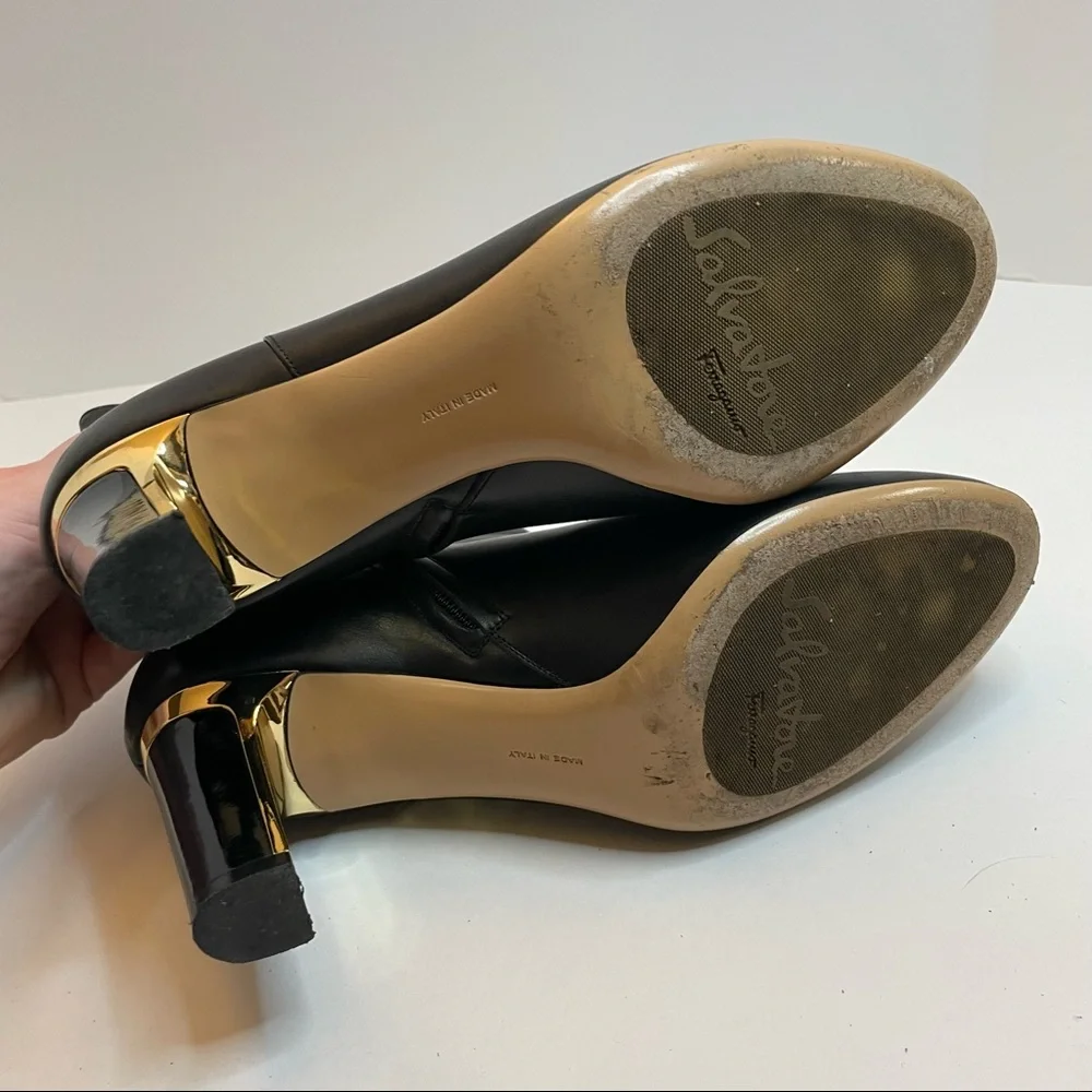 Salvatore Ferragamo Black Leather Boots with Gold Tone Detail 8.5